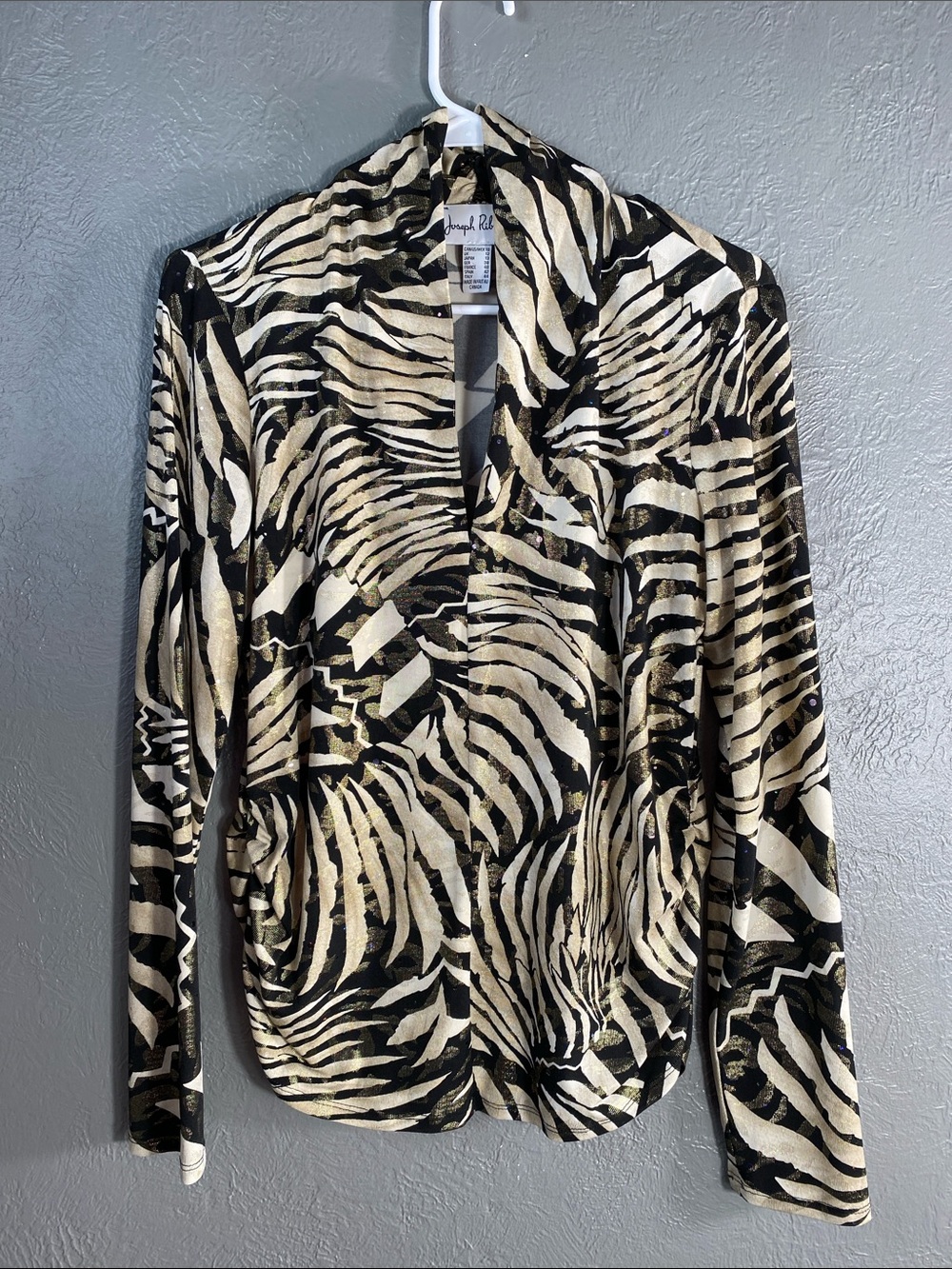 Joseph Ribkoff Top Womens 10 Black Gold Zebra Animal Print Cowl Neck Blouse
